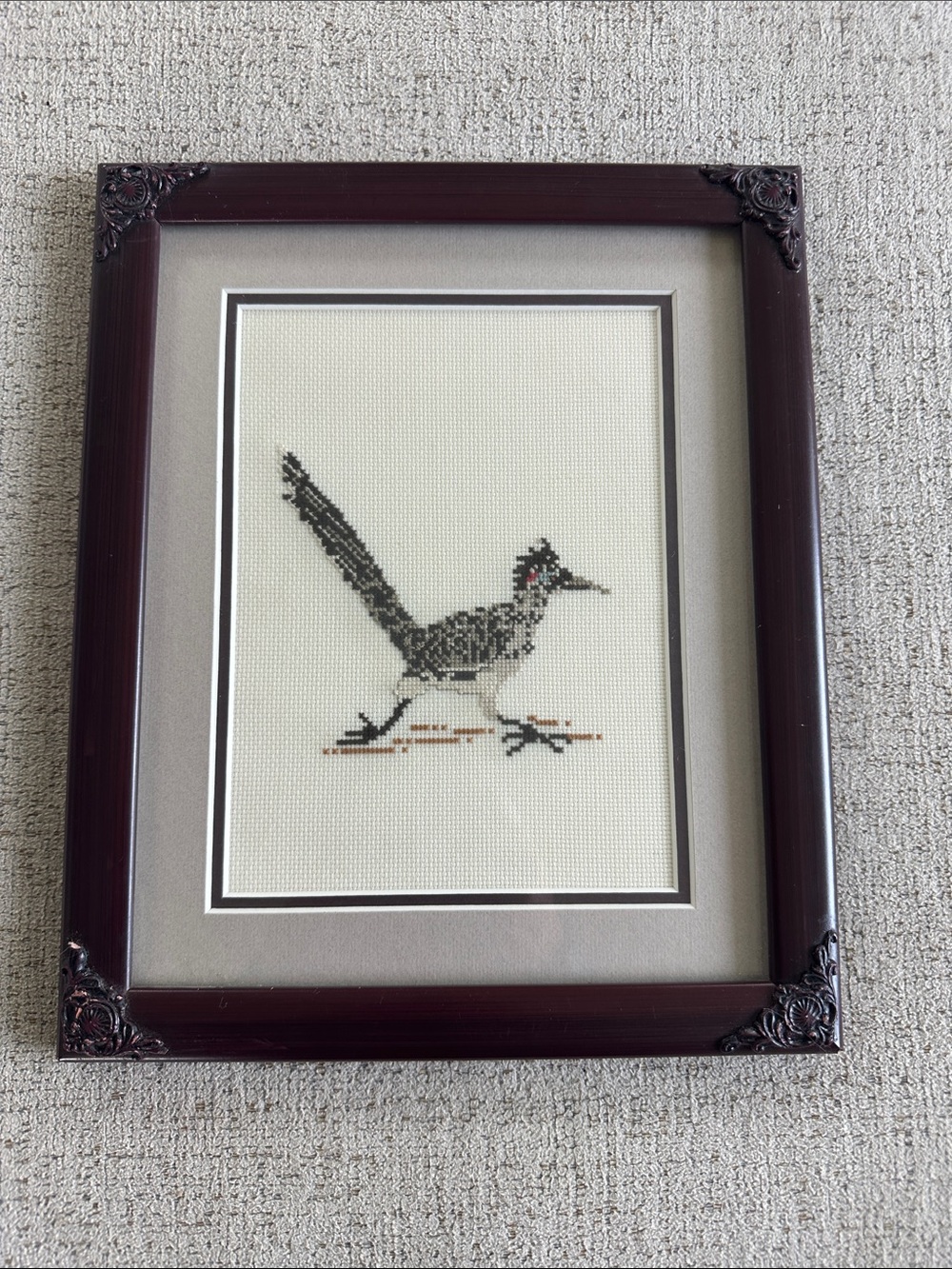Framed Cross-Stitch Roadrunner Bird Art in Brown Frame 9” x 11”